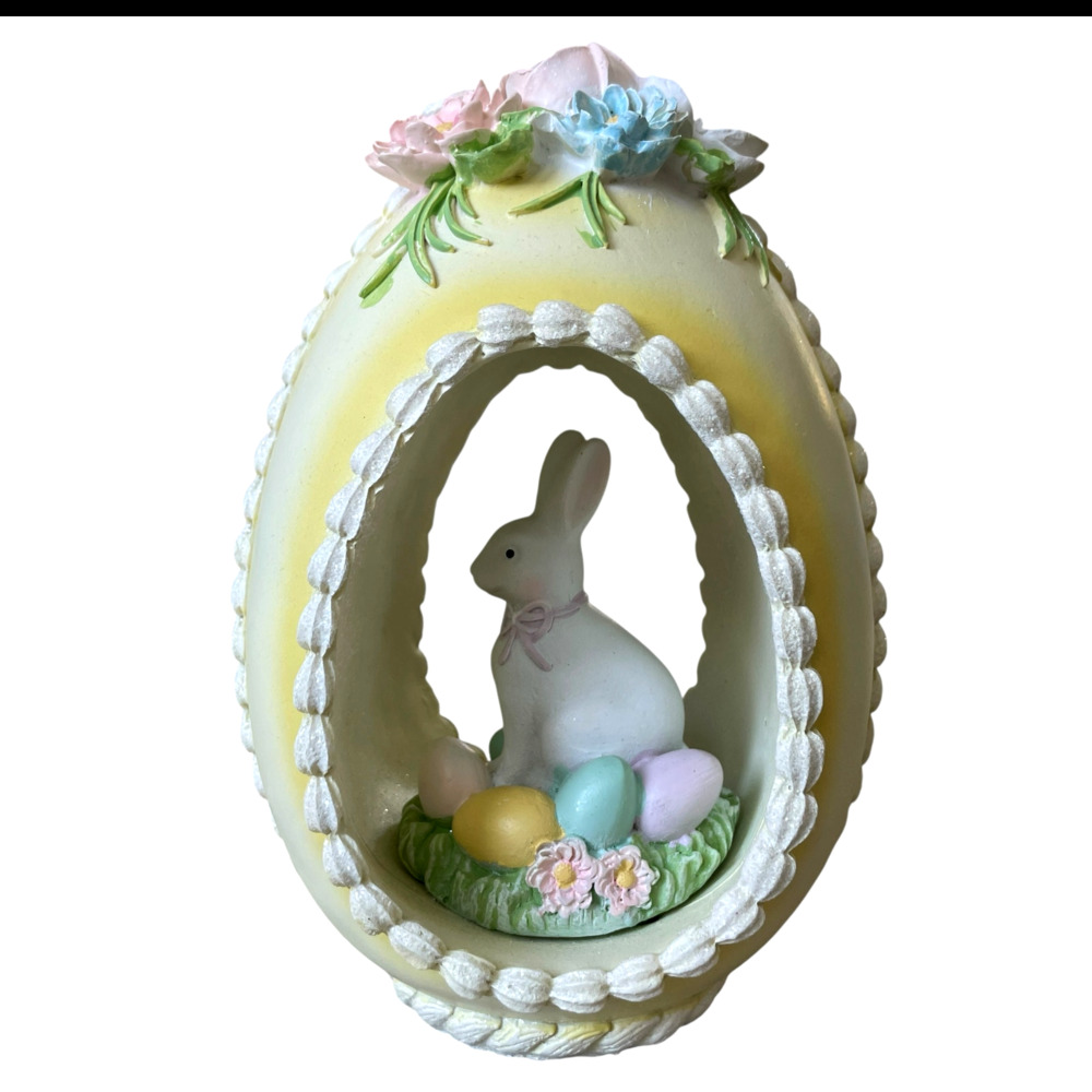 Yellow Floral Easter Egg with Bunny and Pastel Eggs Spring Decor NEW